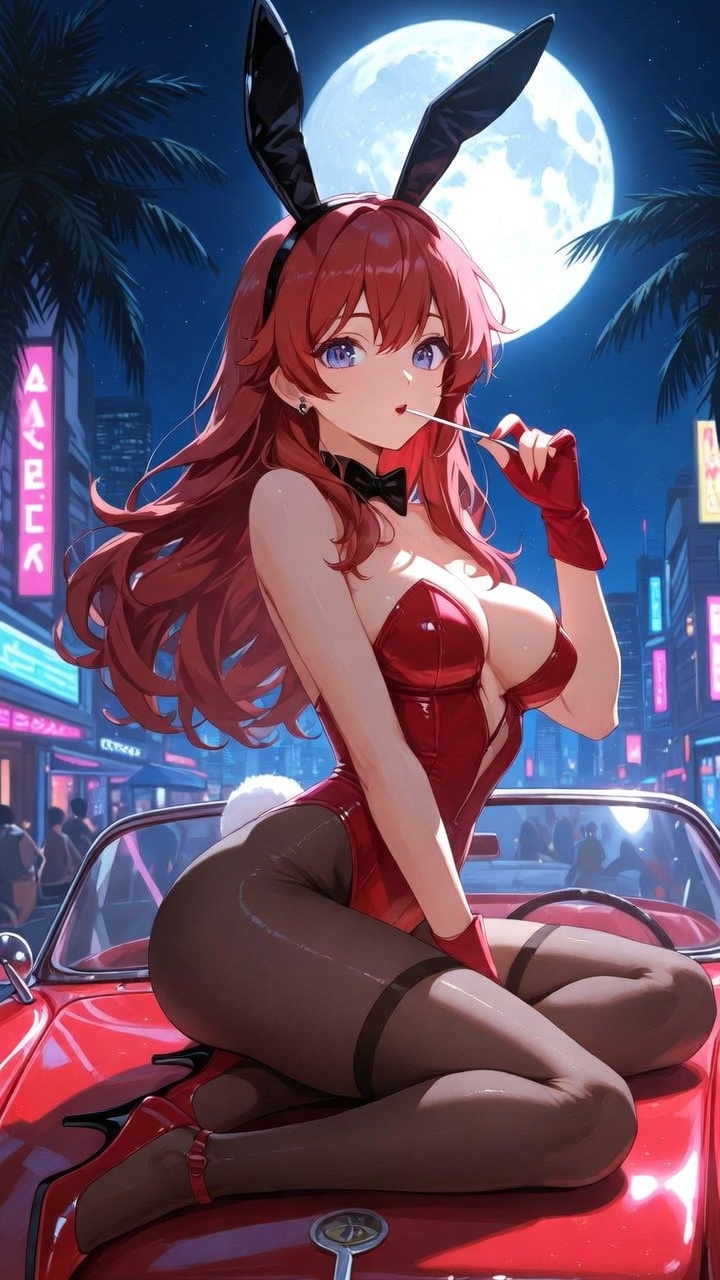 Neon Moon Bunny on Vintage Red Convertible