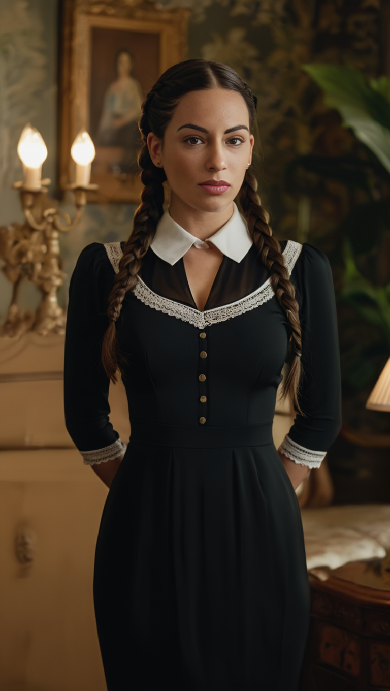 Victorian Silence: Braided Brunette in Classic Gothic Interior