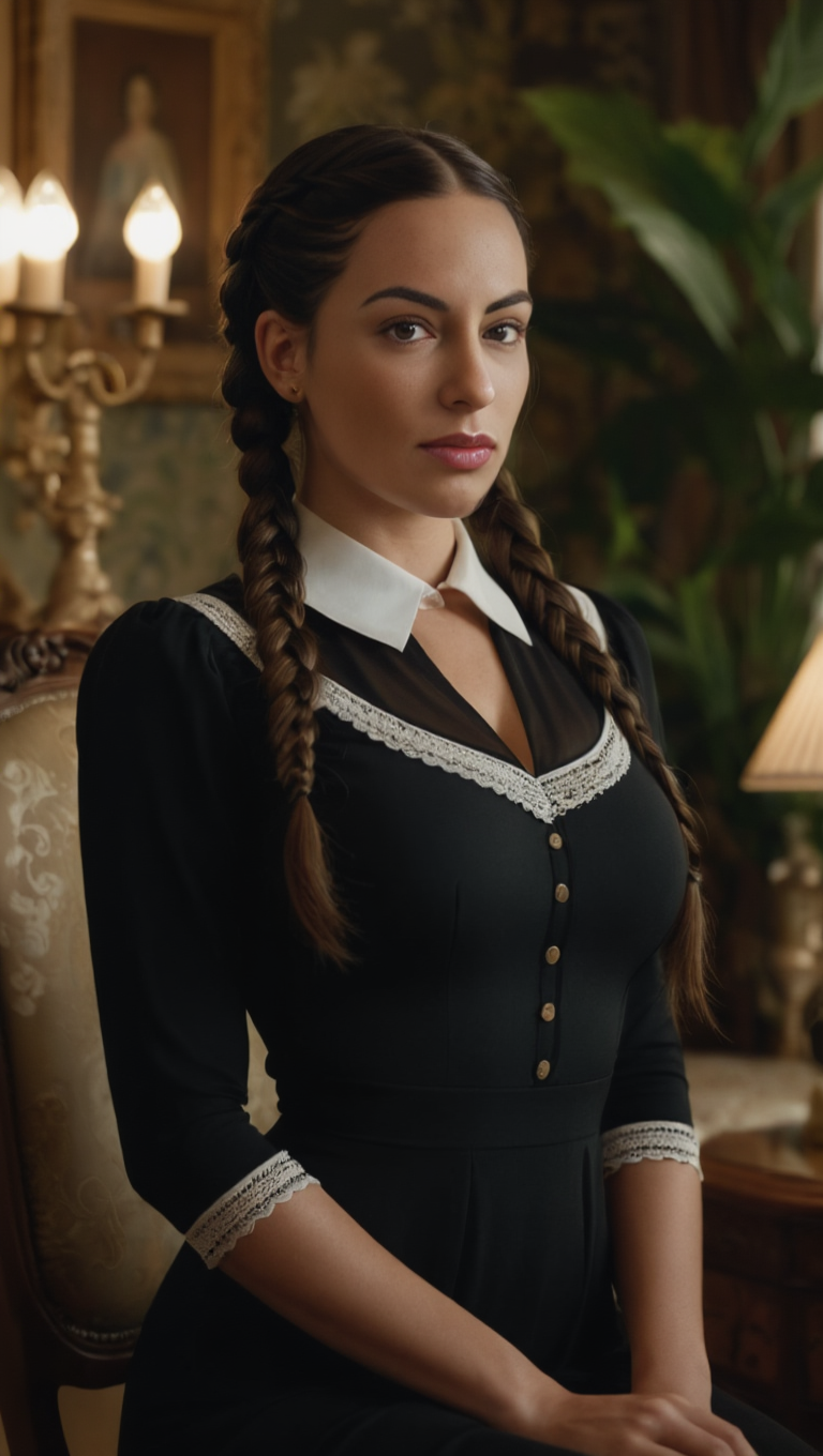 Victorian Silence: Braided Brunette in Classic Gothic Interior