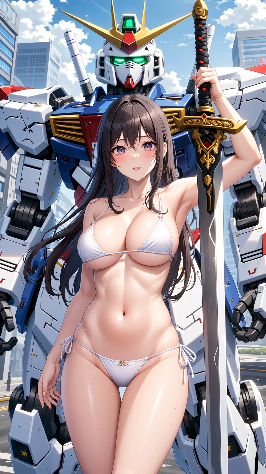 Asian Beauty Posing with Giant Mecha Warrior