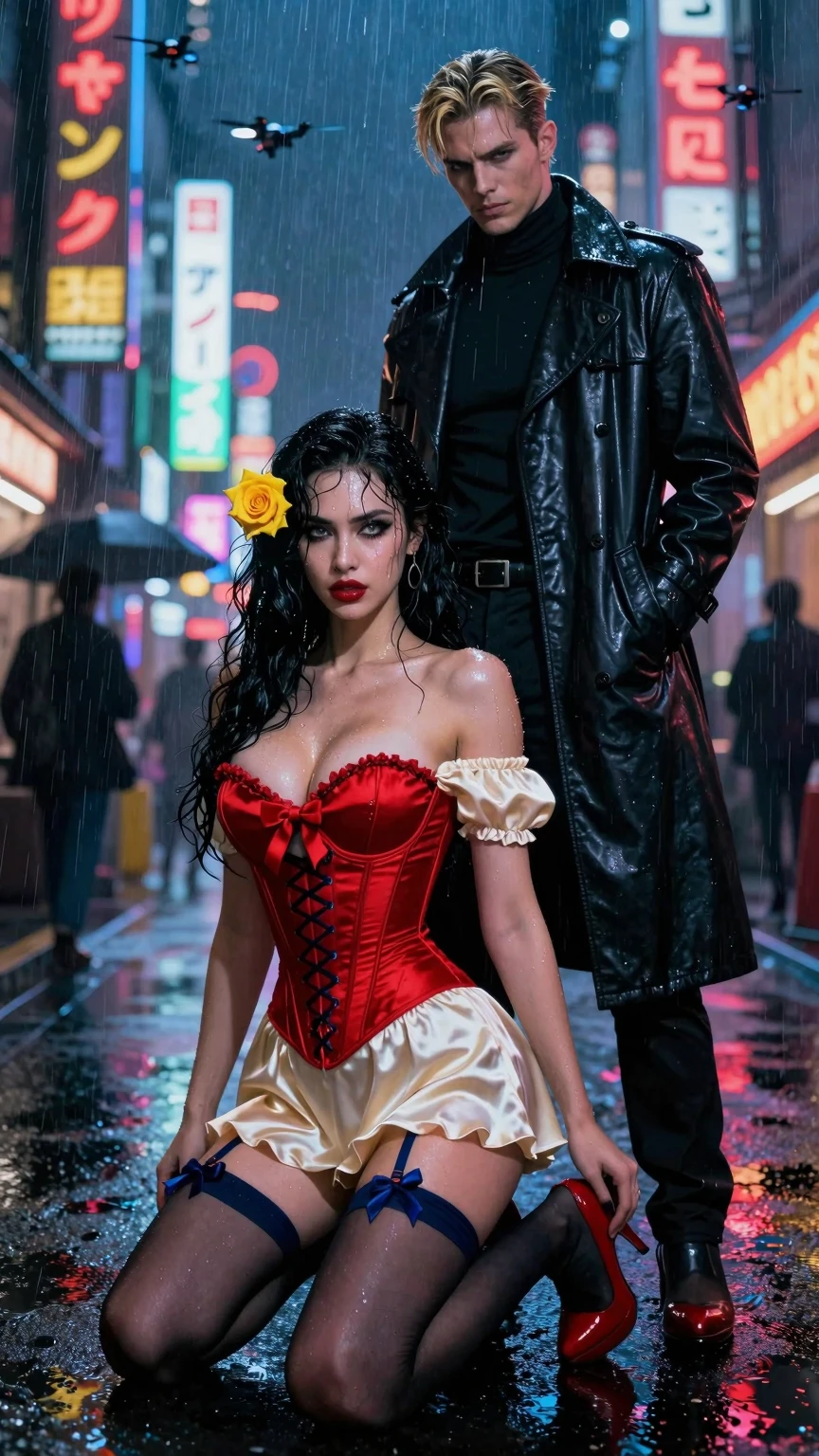 Neon Rain Seduction – Corset & Trenchcoat