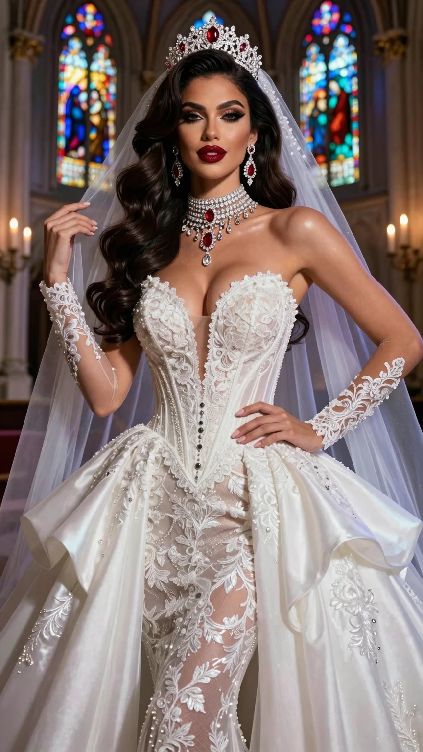 Royal Bride in Plunging Cathedral Wedding Gown