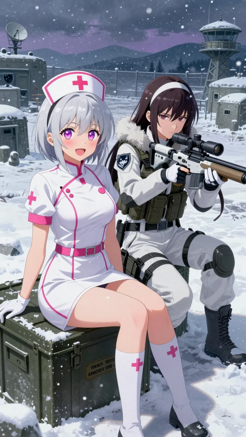 Nurse and Sniper Girls in Snowy Military Base