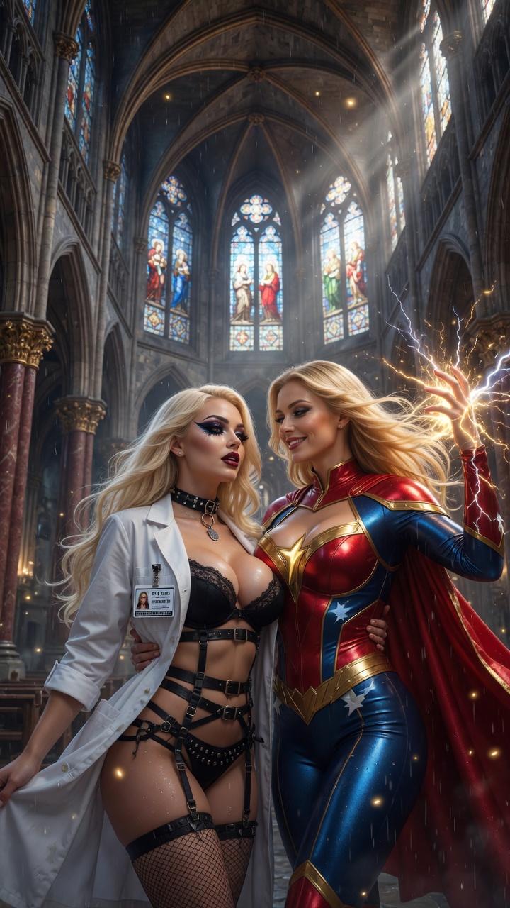 Blonde Superheroine and Lab Seductress Duo