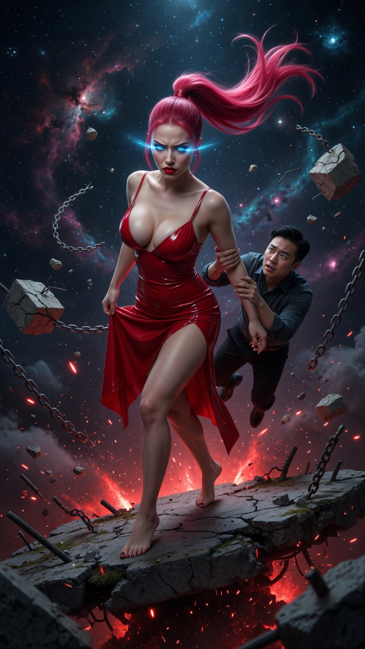 Pink-Haired Beauty in Red Latex Cosmic Peril