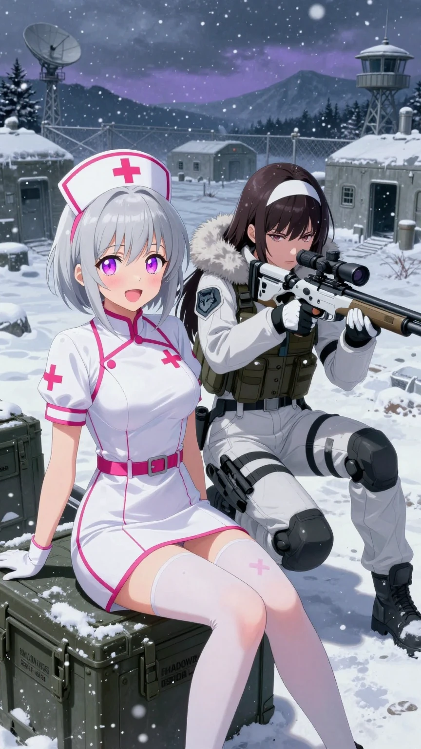 Nurse and Sniper Girls in Snowy Military Base