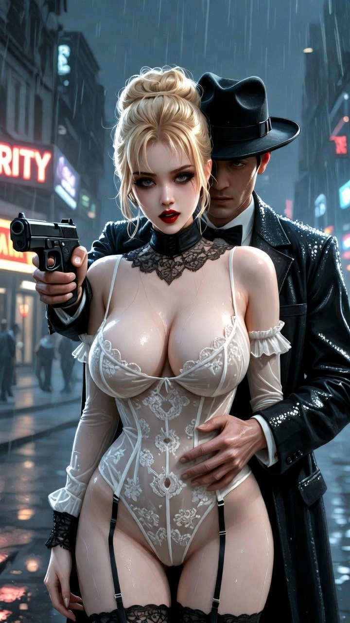 Noir Rainy Night Seduction with Gunman in Lace