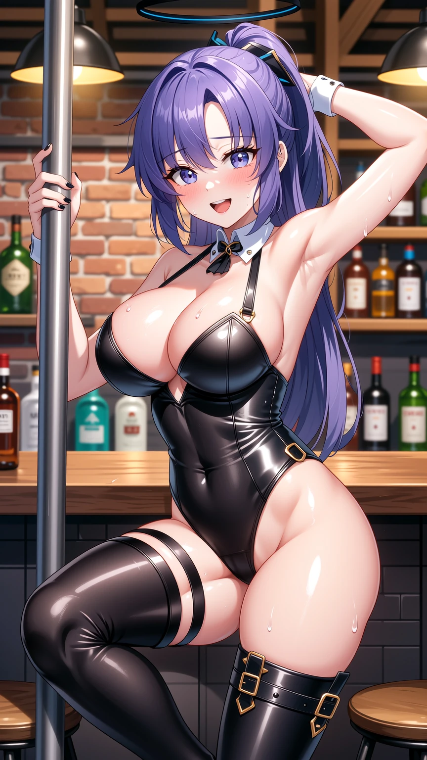 Purple Haired Anime Girl Pole Dancing in Bar