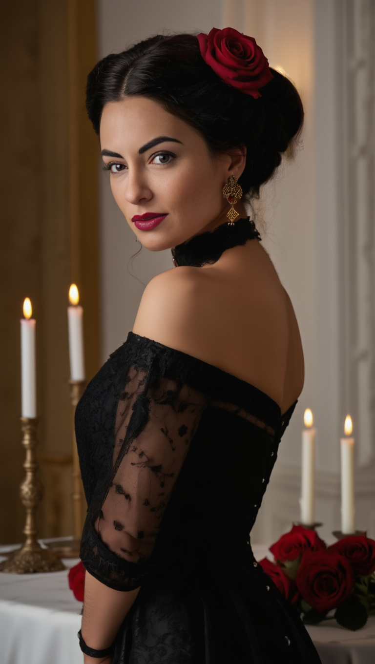 Black Rose Elegance: Victorian Muse in Candlelit Ballroom