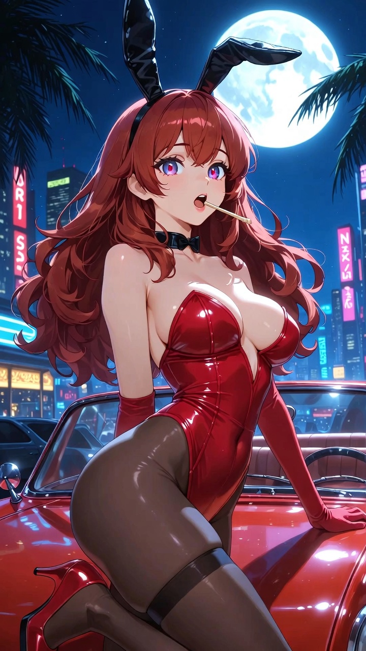 Neon Moon Bunny on Vintage Red Convertible