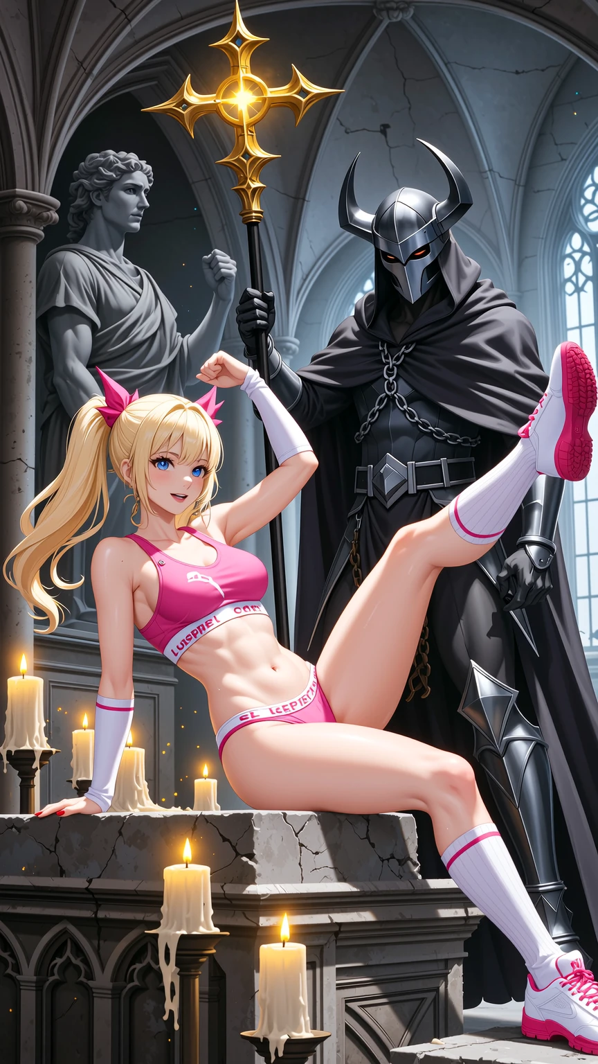 Blonde in Pink Sports Bra with Masked Warrior in Cathedral