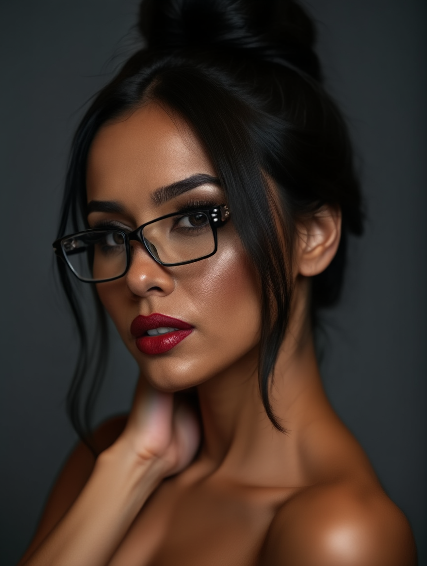 Power and Seduction: Brunette in Black Elegance and Glasses