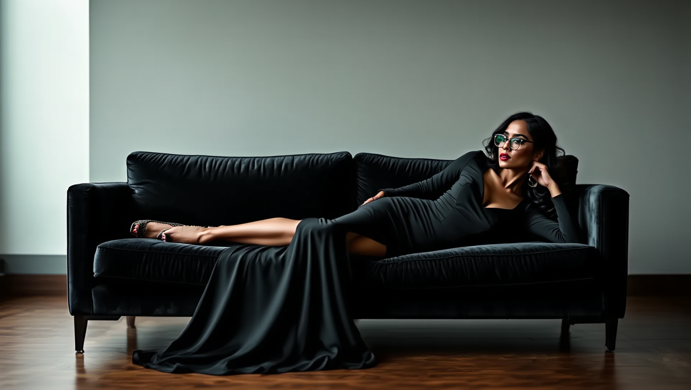 Power and Seduction: Brunette in Black Elegance and Glasses