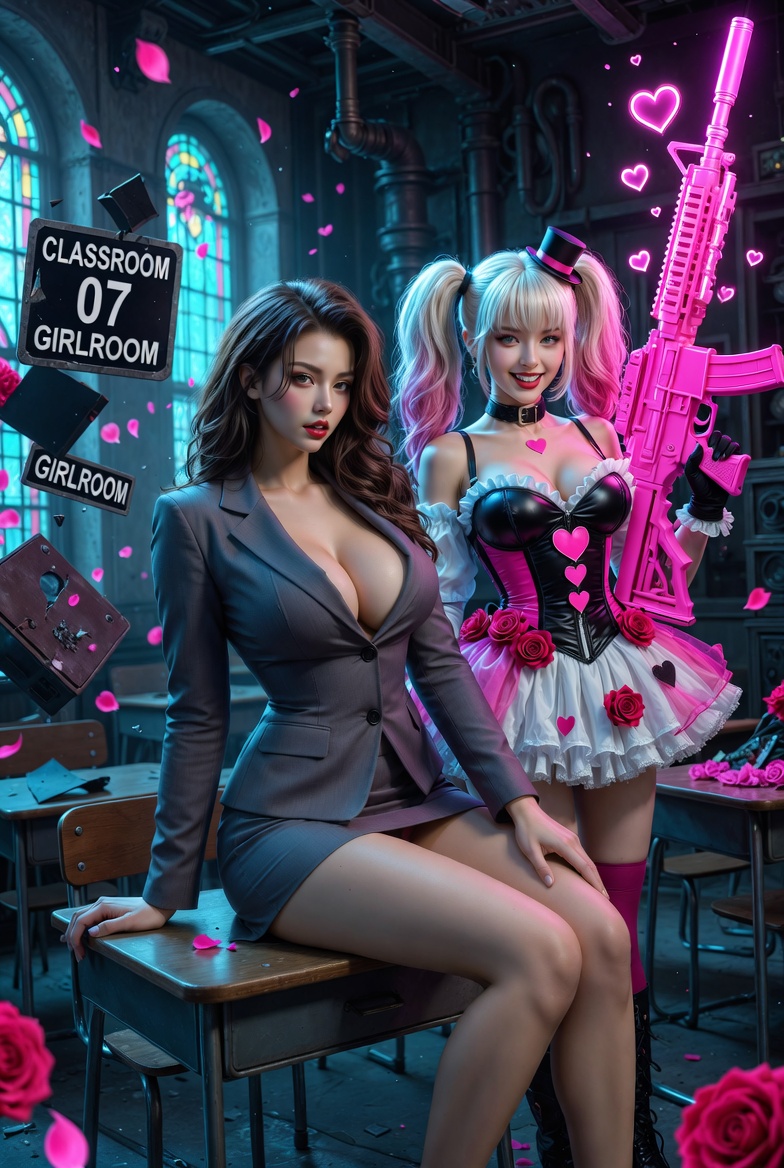 Seductive Businesswoman Posing with Harley Quinn