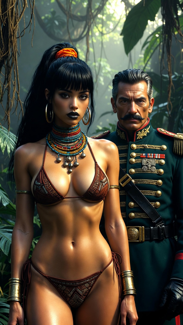 Exotic Tribal Bikini Beauty with Military Officer Jungle Adventure Series