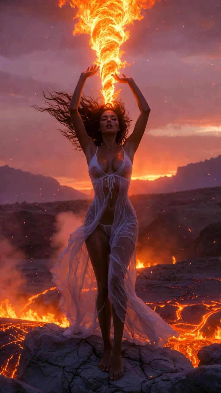 Fire Crown Sorceress in Volcanic Canyon Sunset