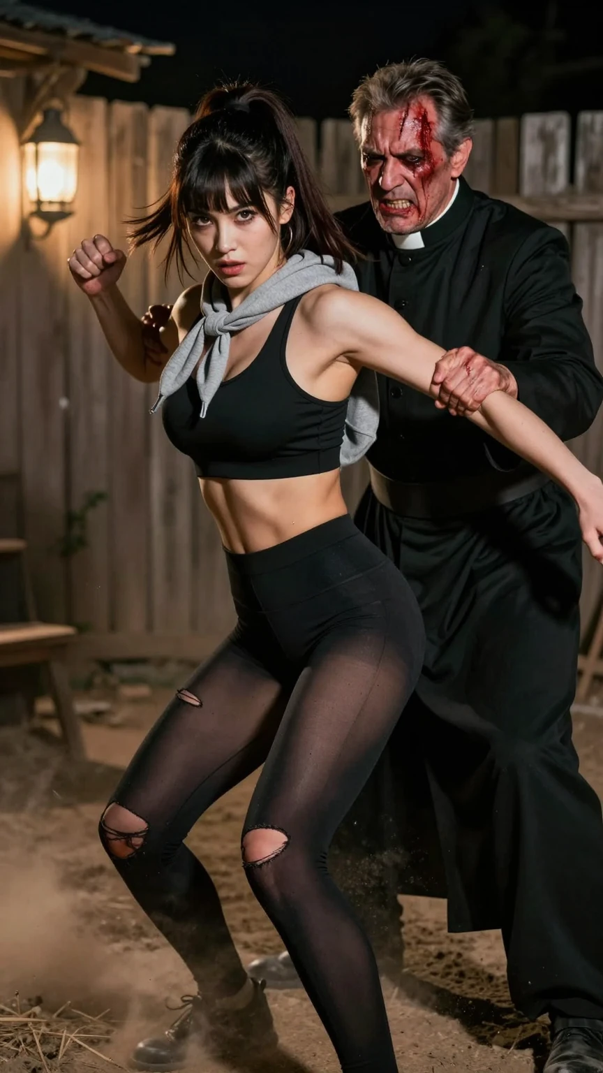 Athletic Woman Attacked by Evil Priest