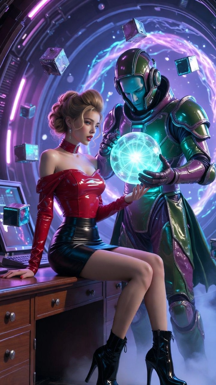 Cosmic Power Encounter in Neon Sci-Fi Chamber
