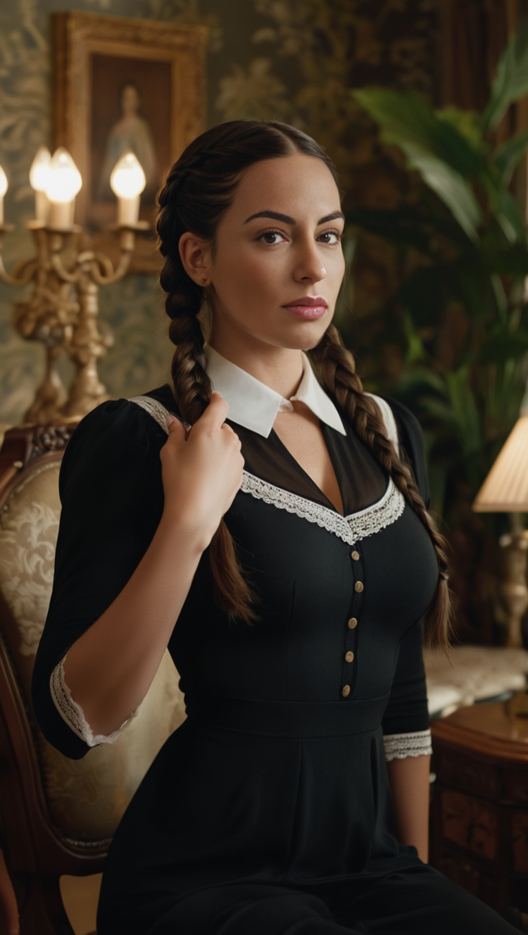 Victorian Silence: Braided Brunette in Classic Gothic Interior