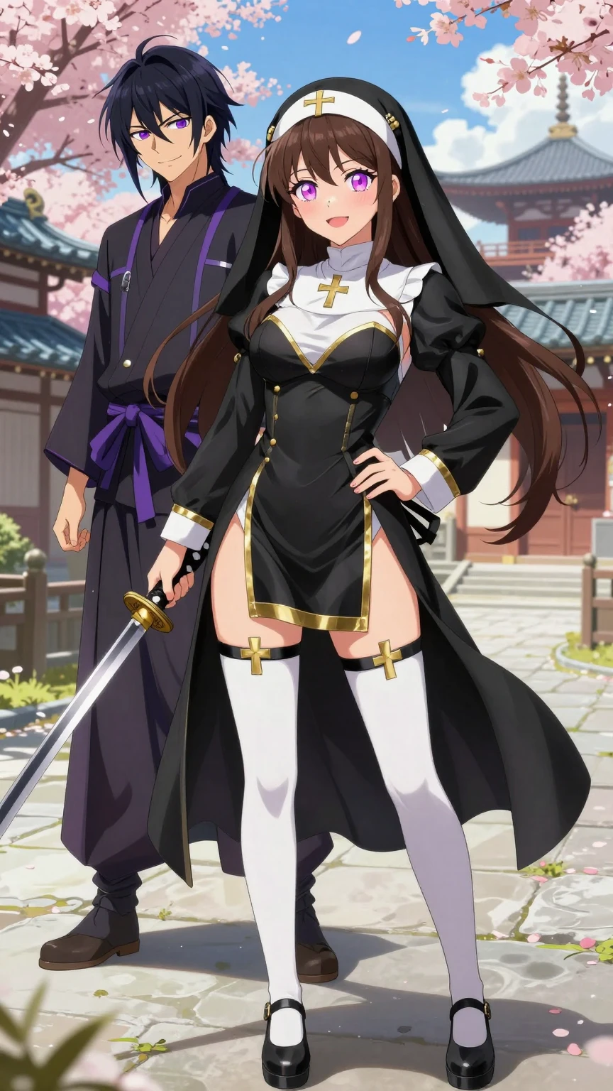 Seductive Nun and Samurai in Cherry Blossoms
