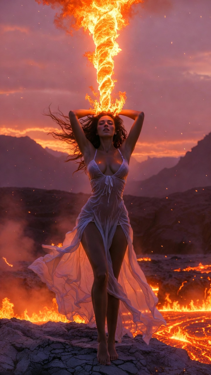 Fire Crown Sorceress in Volcanic Canyon Sunset