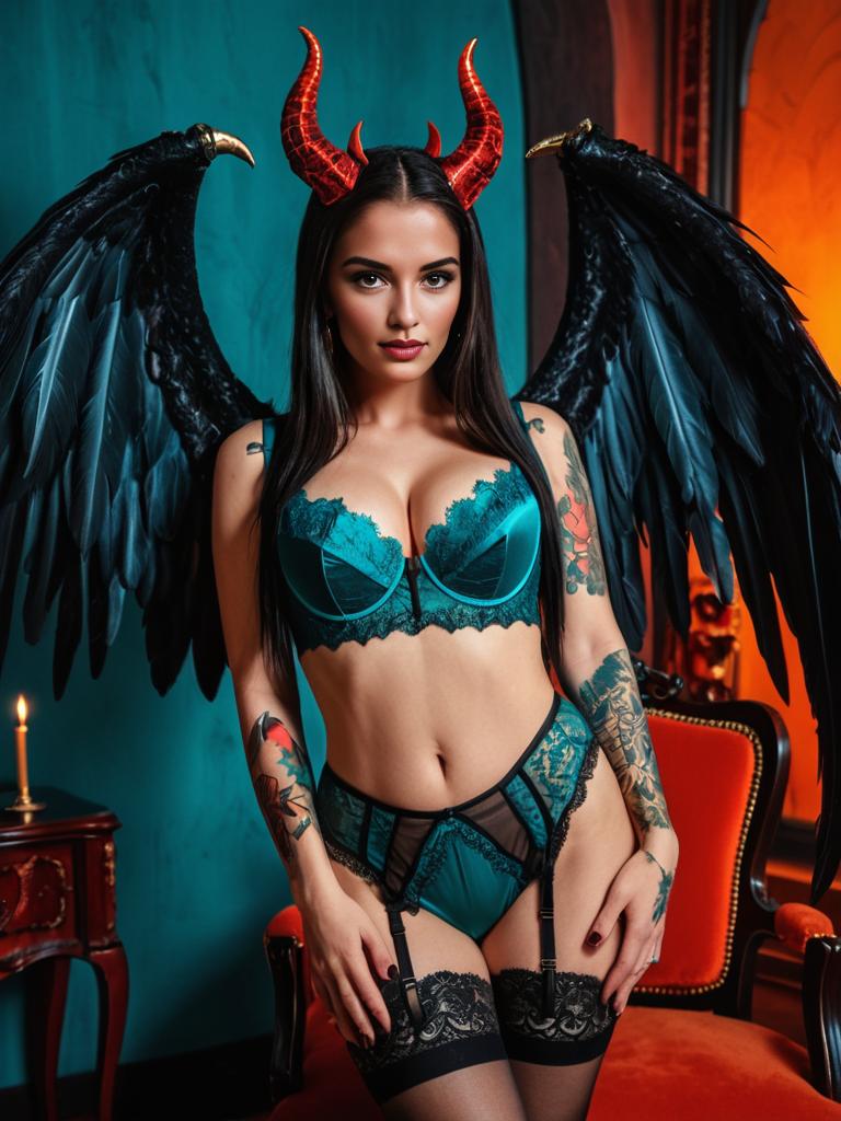 Dark Angel Fantasy in Teal Lingerie Gothic Chamber