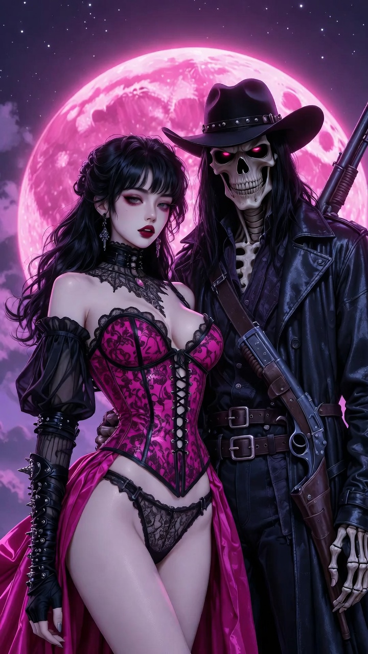 Gothic Vampire Queen and Undead Gunslinger Pink Moon Series