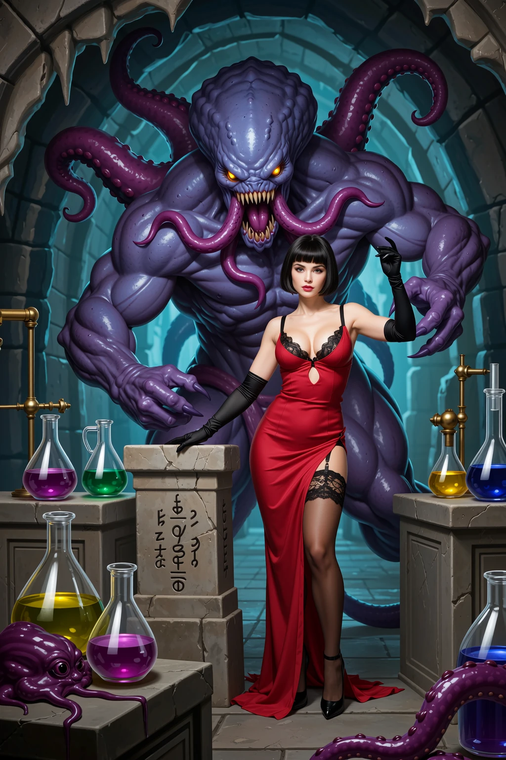 Seductive Brunette and Tentacle Monster in Dungeon