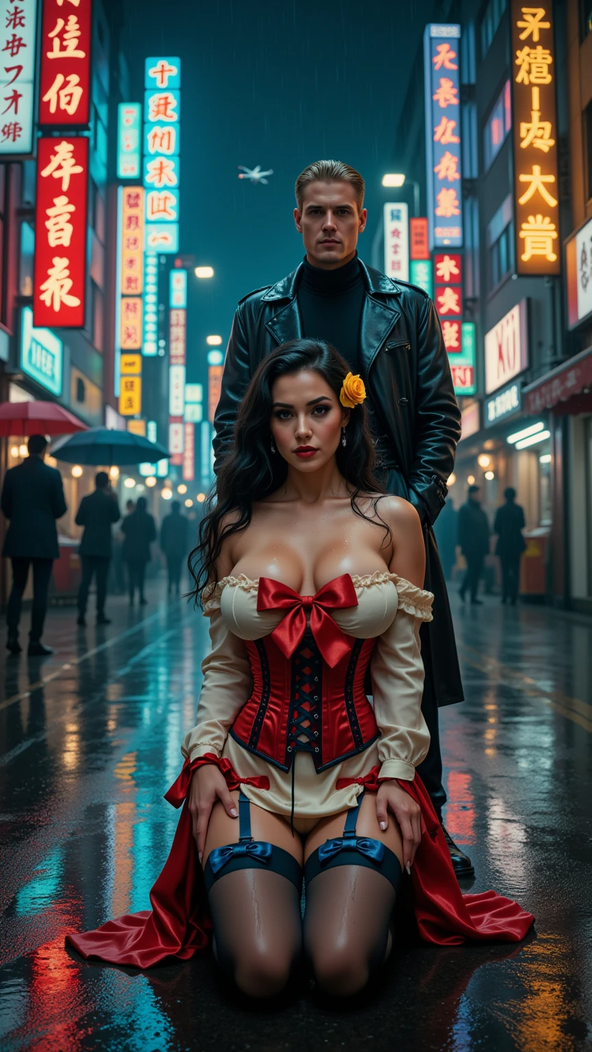 Neon Rain Seduction – Corset & Trenchcoat