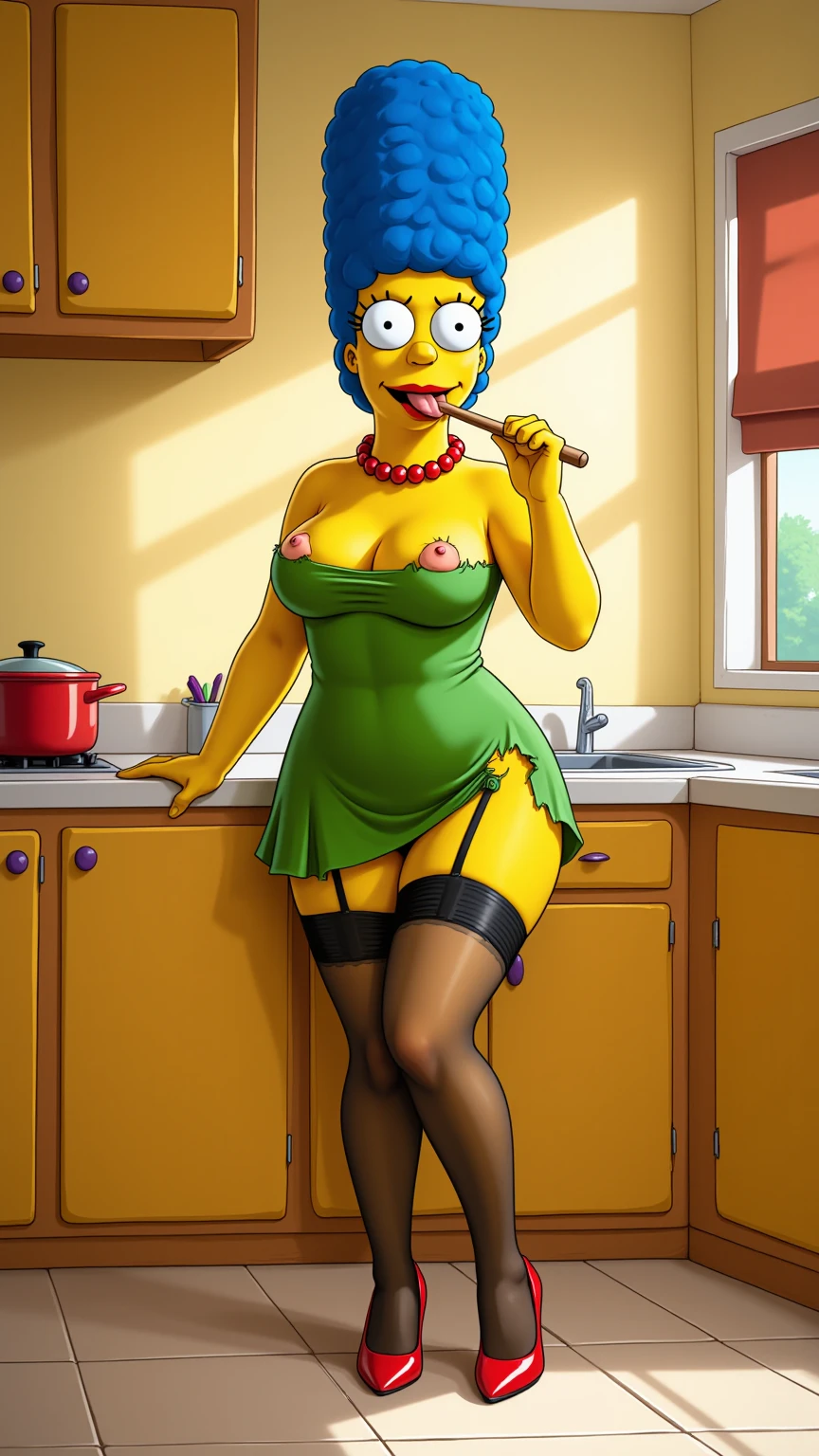 Seductive Marge Simpson in Torn Green Dress and Stockings