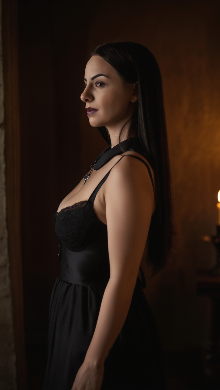 Dark Chapel Reverie: Brunette Muse in Candlelit Gothic Elegance