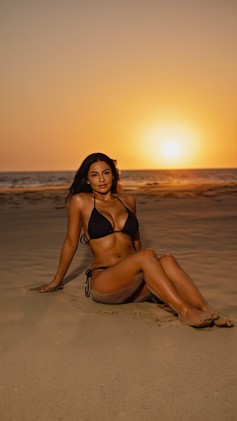 Sunset Beach Portrait Series in Black Swimwear