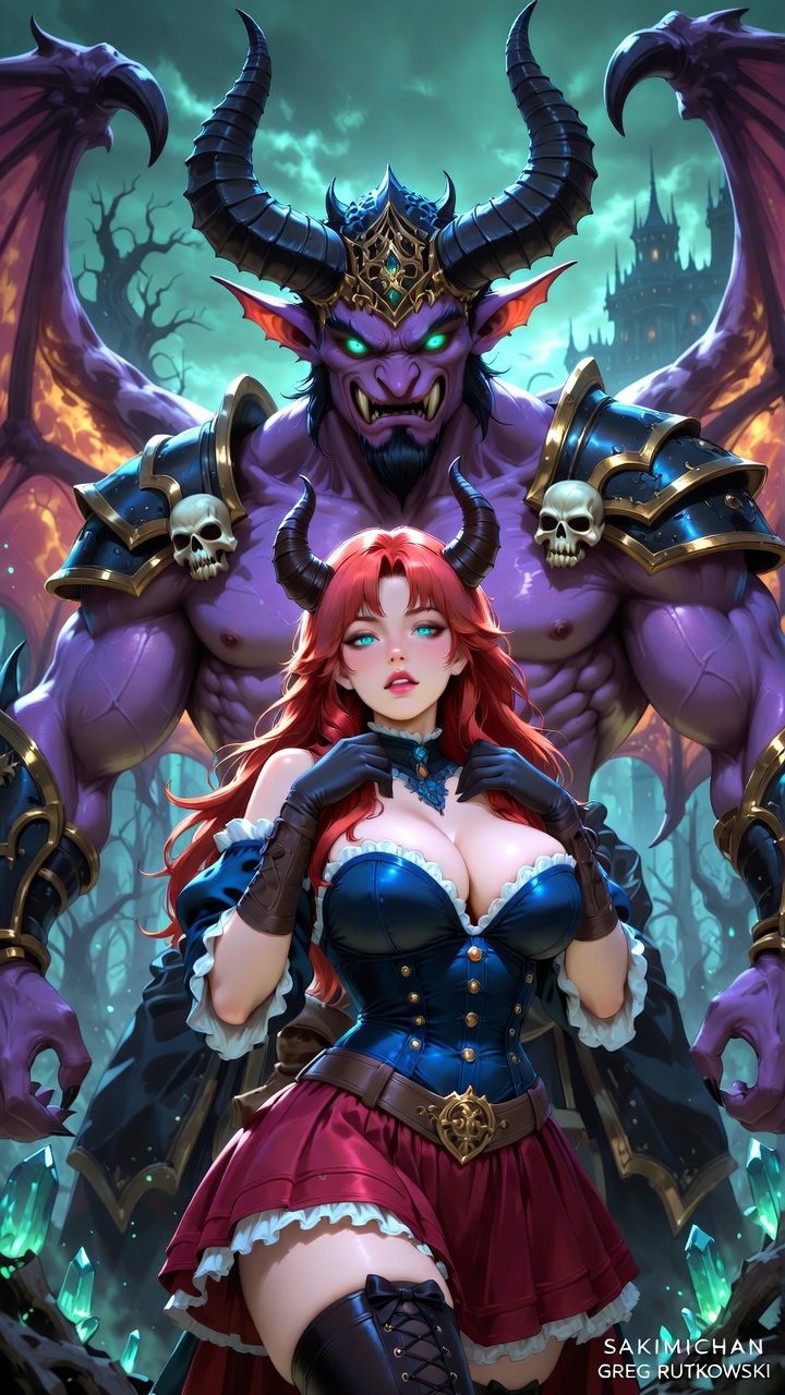 Seductive Red Demoness with Purple Demon Lord