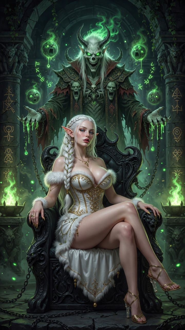 Enchanting White-Haired Elf Sorceress in Mystic Chamber