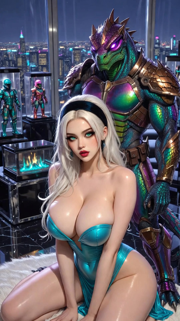 Turquoise Bombshell Kneeling Before Reptilian Cyber-Ninja