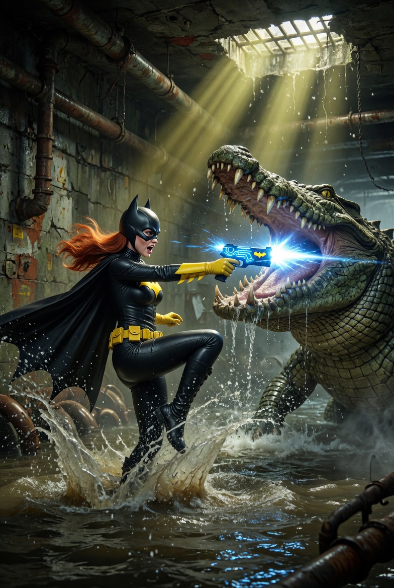 Batgirl vs Giant Crocodile in Sewer