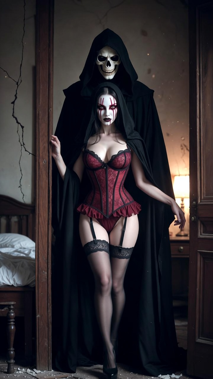 Dark Ritual Seduction in Haunted Bedroom Scene