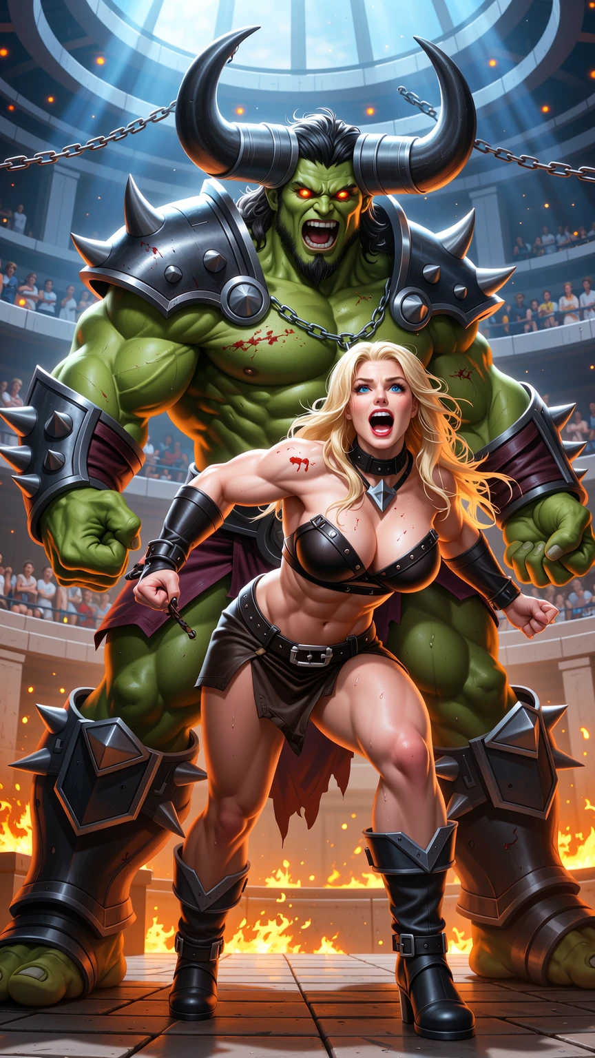 Horned Orc Restrains Screaming Blonde Warrior