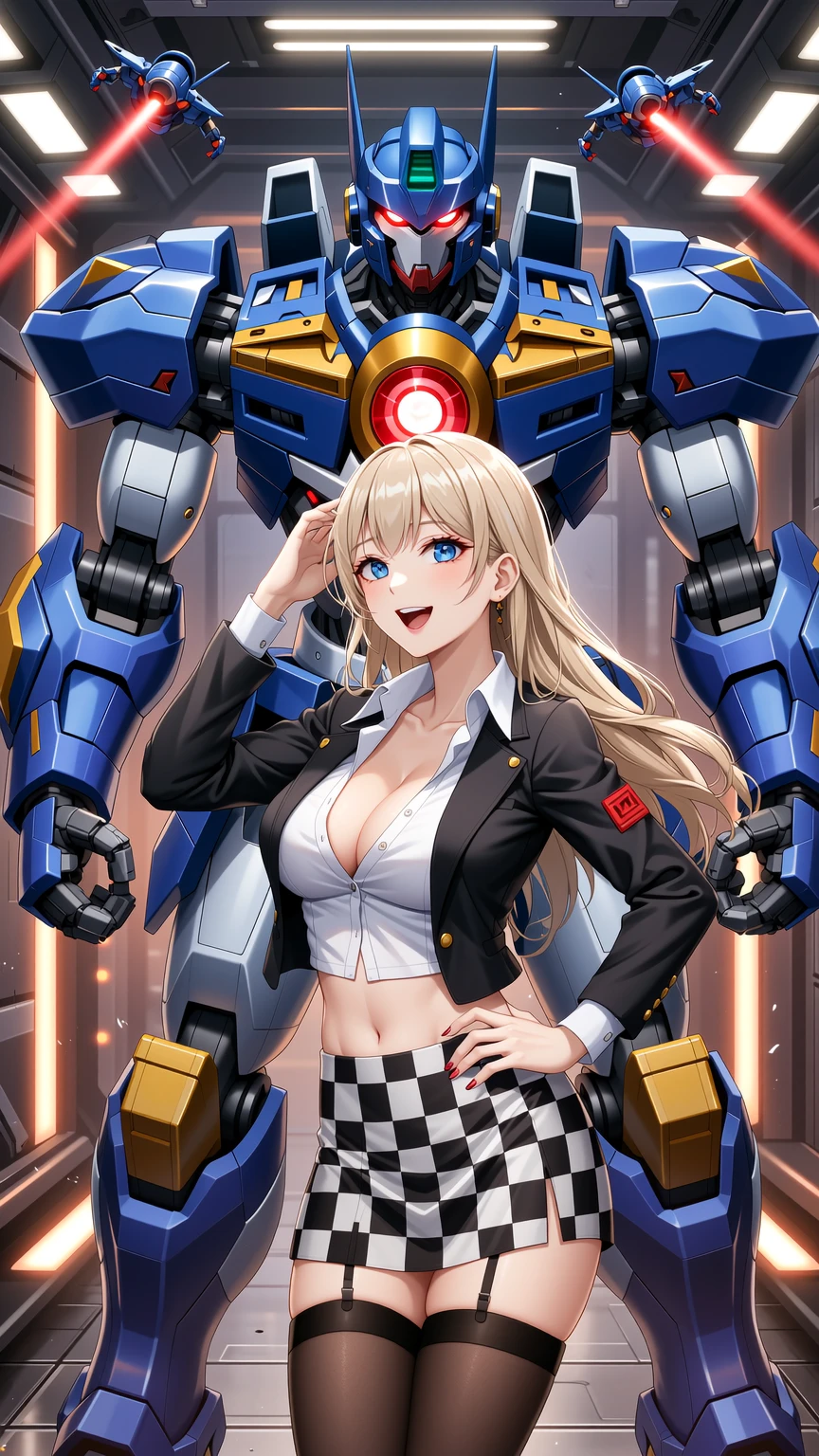 Blonde in Checkered Mini Skirt with Giant Robot