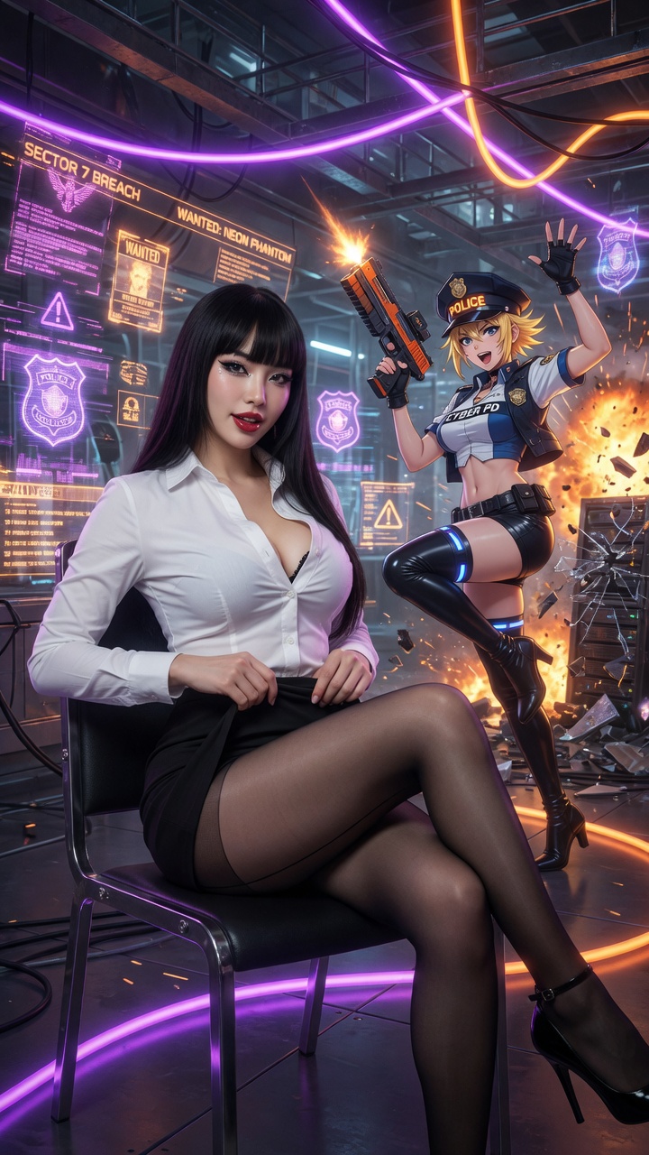 Seductive Secretary in Neon Cyberpunk