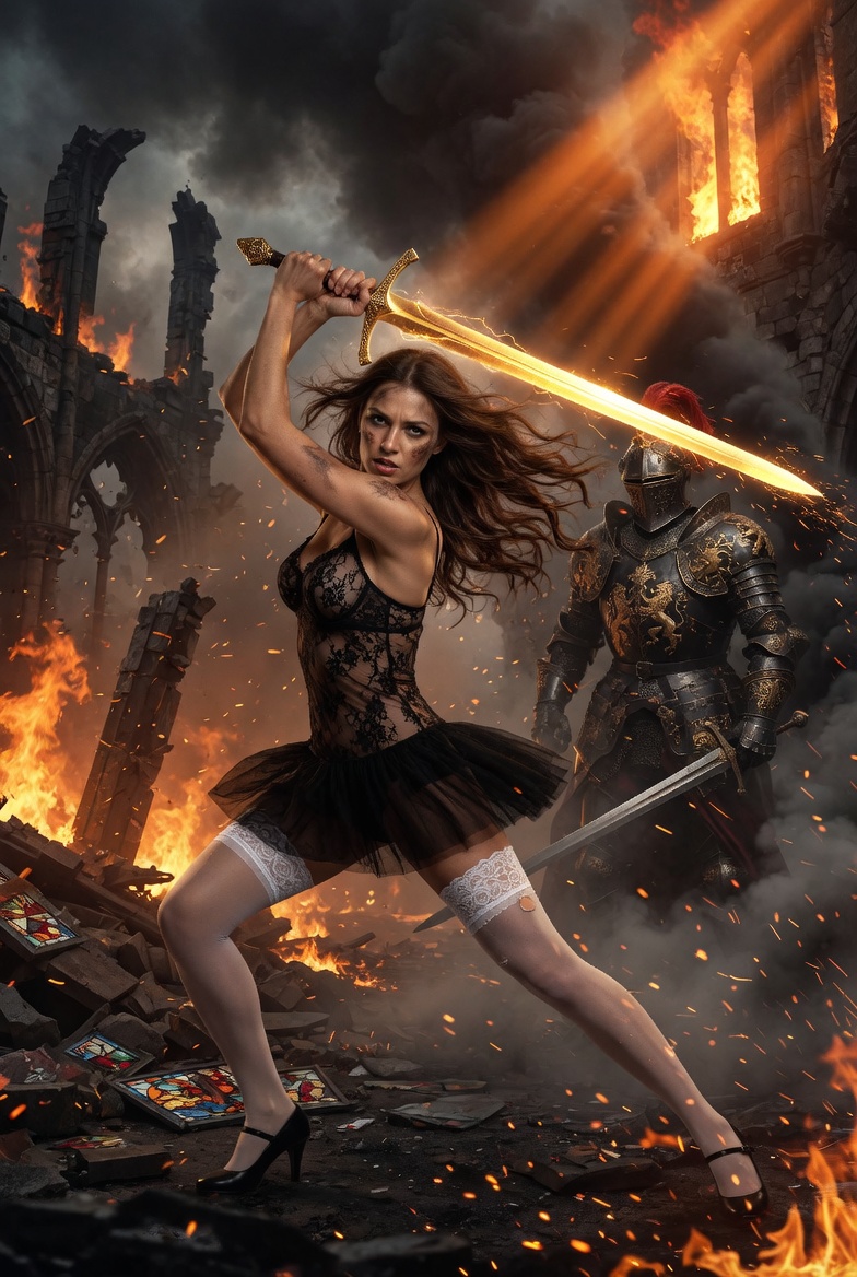 Fierce Lingerie Warrior in Burning Ruins