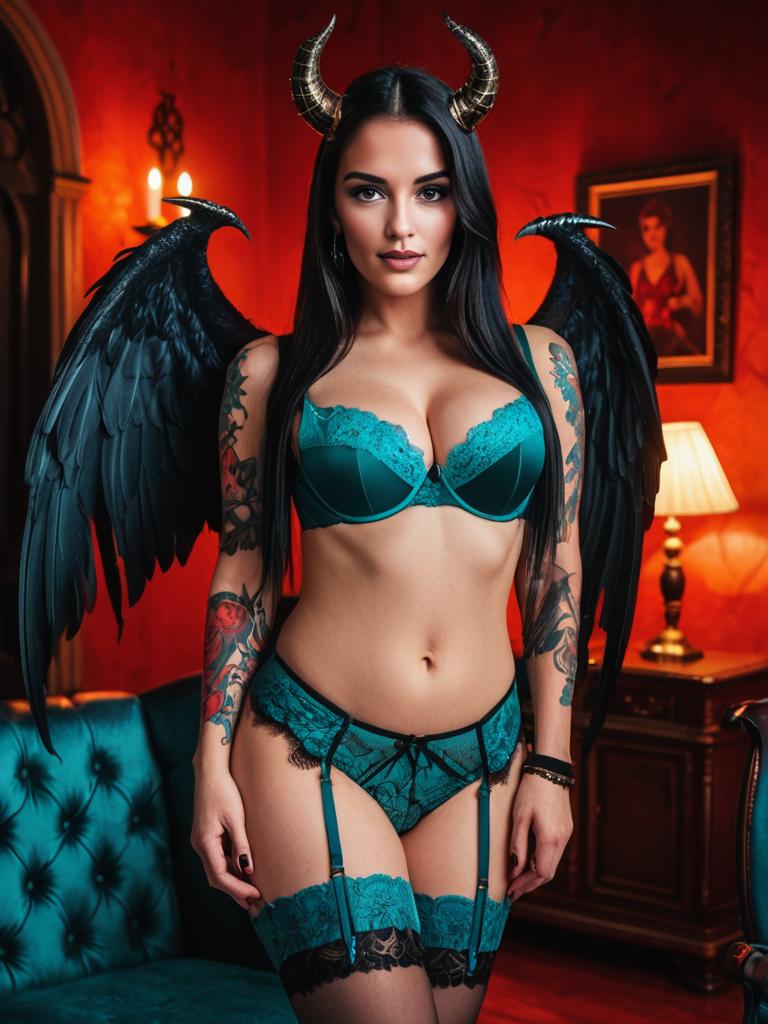 Dark Angel Fantasy in Teal Lingerie Gothic Chamber