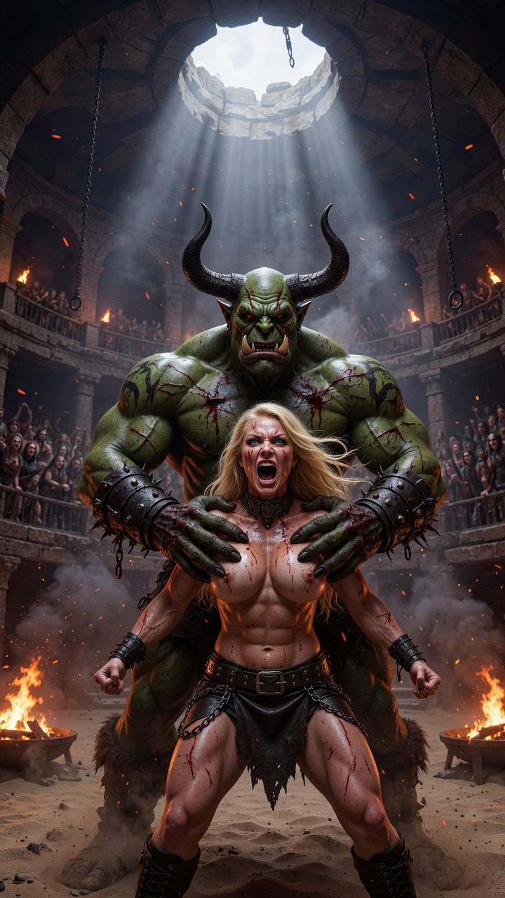 Horned Orc Restrains Screaming Blonde Warrior