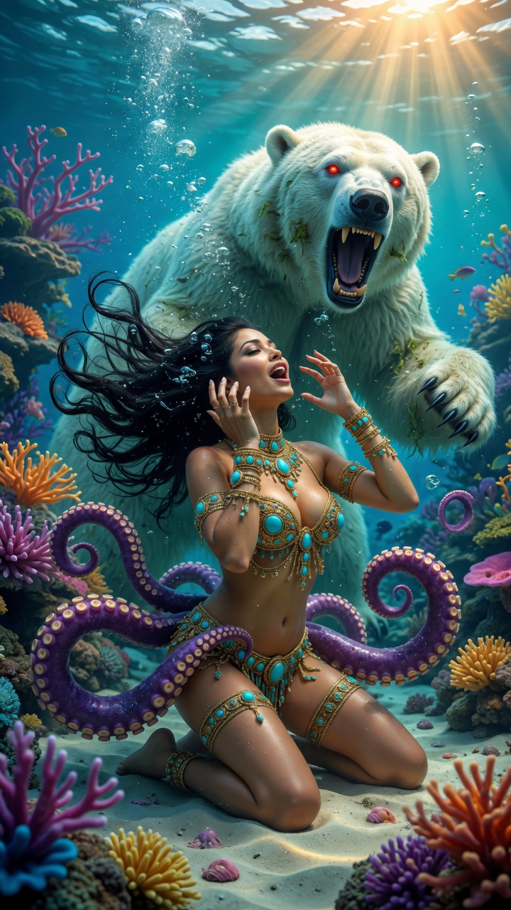 Dark Haired Beauty with Polar Bear and Tentacles Underwater