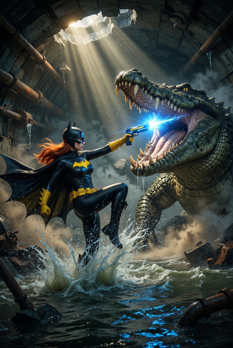 Batgirl vs Giant Crocodile in Sewer