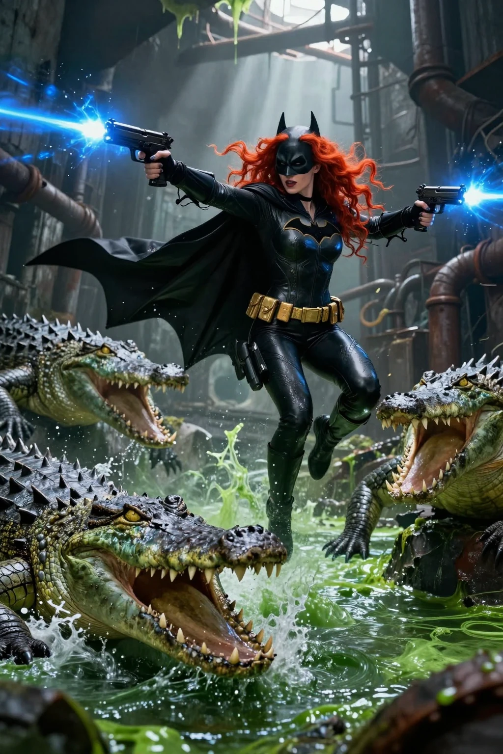 Redhead Batgirl vs Giant Sewer Crocodiles