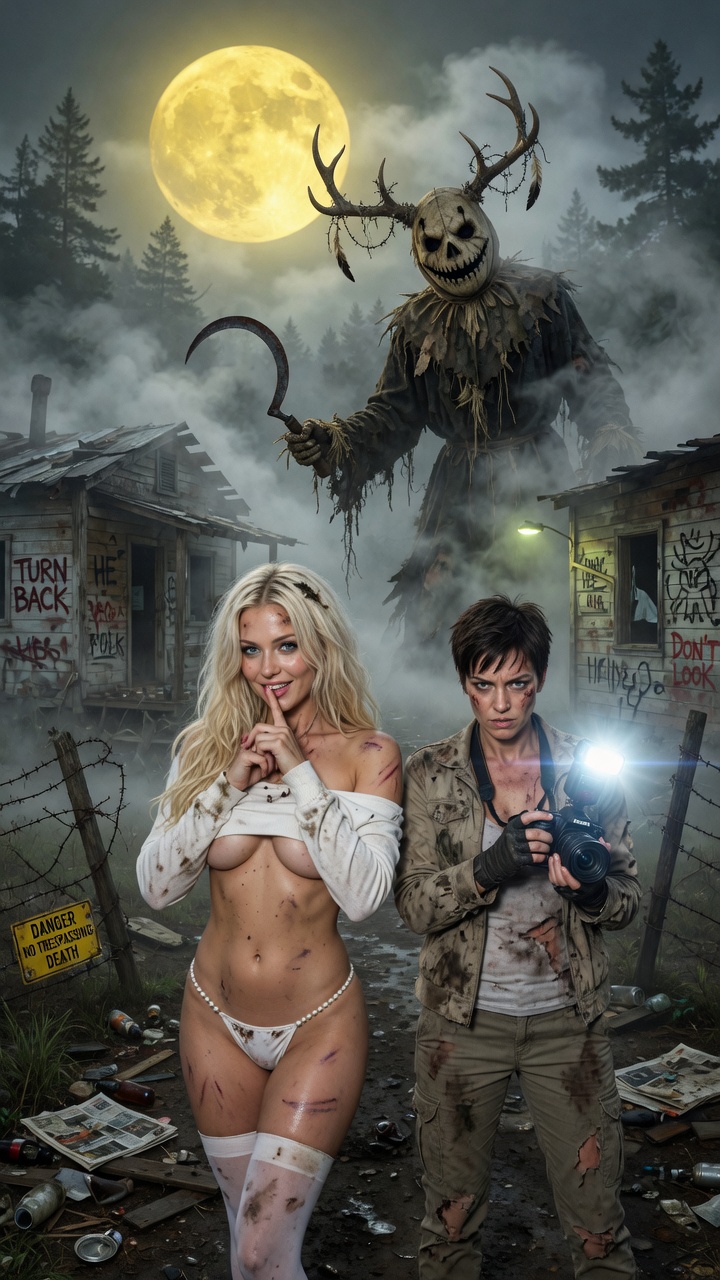 Blonde Horror Babe with Camerawoman in Swamp