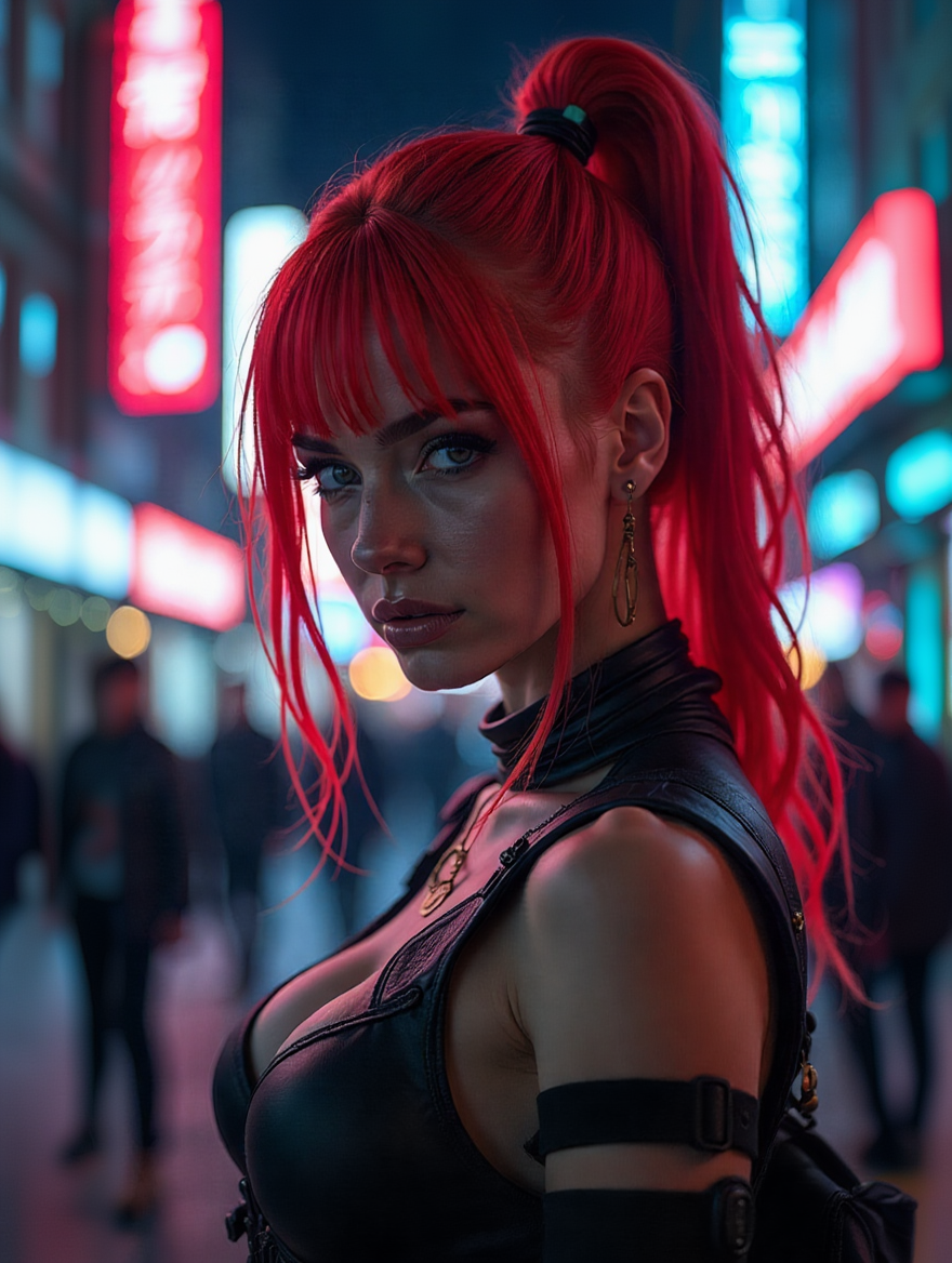 Neon Cyberpunk Street Warrior in Rain-Soaked City
