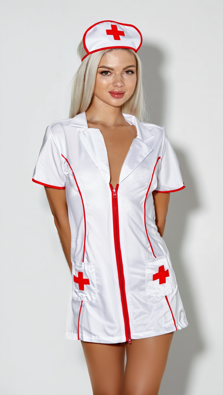 Playful Nurse Fantasy in Classic White and Red Outfit
