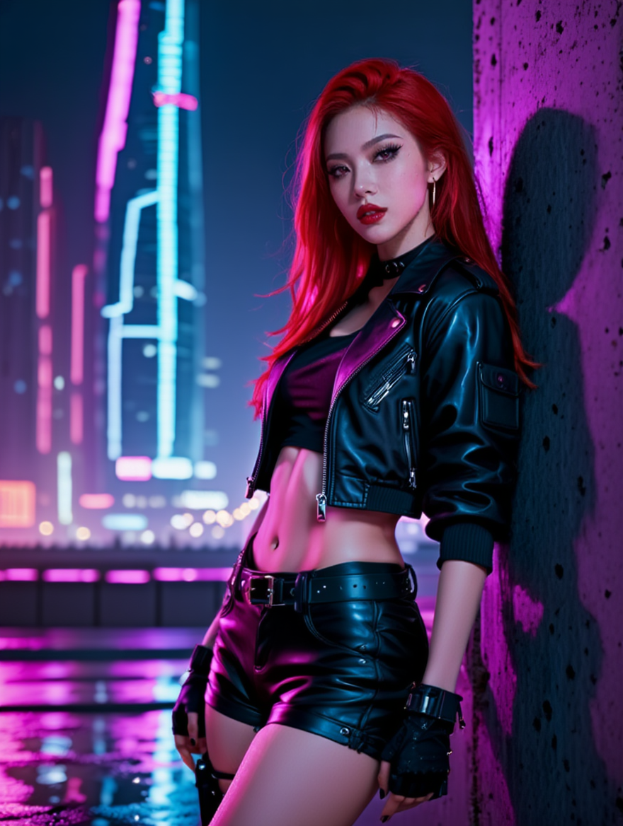 Neon Cyberpunk Femme Fatale in Futuristic City Nights